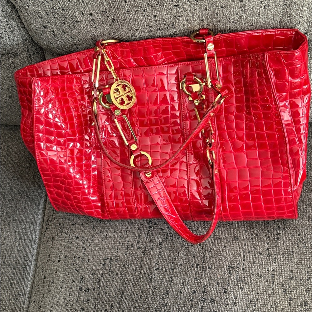 Tory Burch - Red Croc-Embossed Tote Bag
